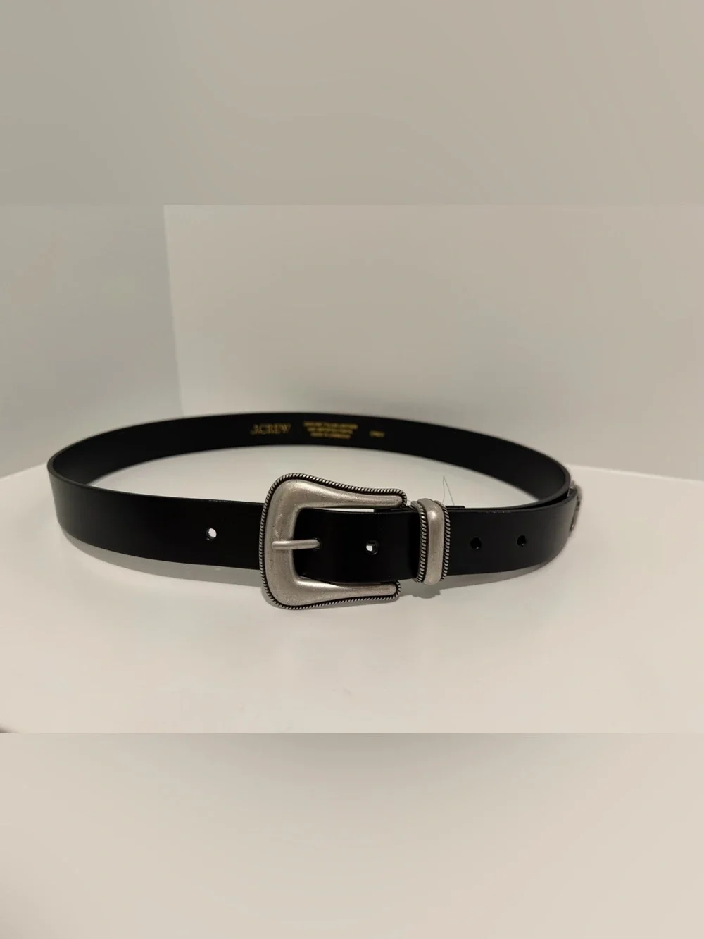 NEW J. Crew Western silver buckle belt in black Italian leather CR829 Medium